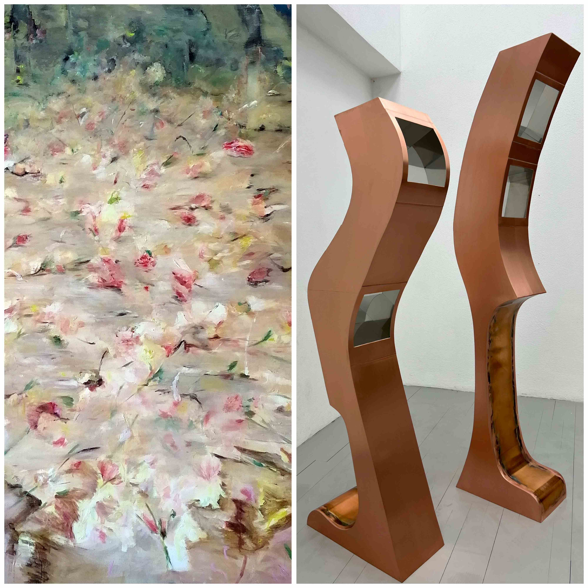 links: Banafsheh Rahmani, „Impermanence“, 2024, Öl auf Leinwand; © Banafsheh Rahmani rechts: Manfred Wakolbinger, „You have to Look up to get Grounded“, 006/007, 2023, Kupfer, Lötzinn, Edelstahl-Spiegel, Montagekleber; © Manfred Wakolbinger, Bildrecht, Wien, 2025